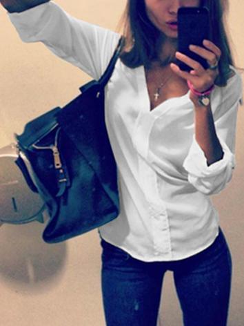 Shein White V Neck Long Sleeve Slim Blouse