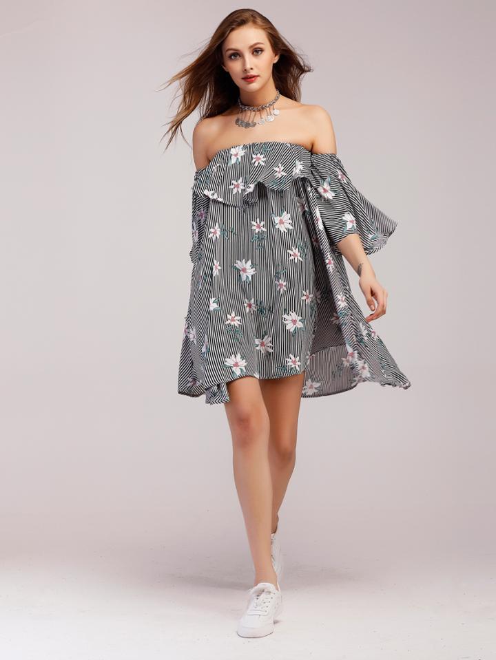 Shein Flounce Layered Vertical Striped Florals Bardot Trumpet Sleeve Dress