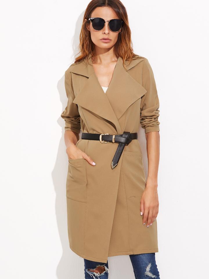 Shein Khaki Notch Collar Pocket Front Duster Coat