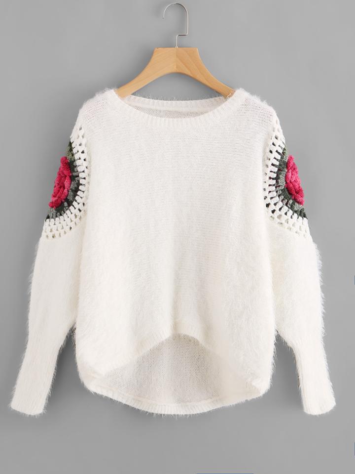 Shein 3d Flower Crochet Sleeve Staggered Fluffy Jumper