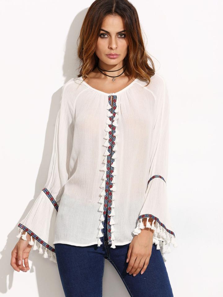 Shein White Tribal Embroidered Fringe Trim Flare Top