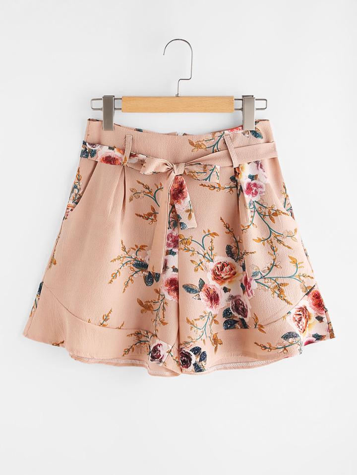 Shein Calico Print Self Tie Frill Hem Shorts