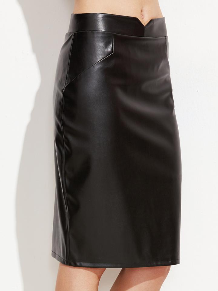Shein Black V Cut Pu Pencil Skirt