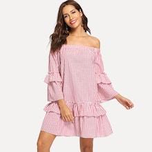 Shein Tiered Ruffle Trim Pinstripe Bardot Dress
