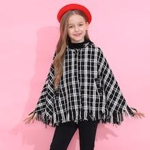Shein Girls Raw Hem Hoodie Plaid Cape Coat