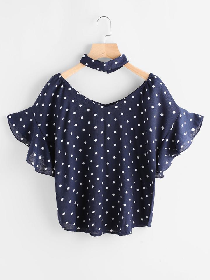 Shein Polka Dot Frill Trim Top With Choker