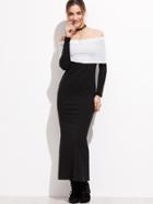 Shein Black Contrast Foldover Off The Shoulder Ribbed Dress