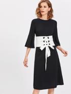 Shein Pleated Fluted Sleeve Dress With Corset Belt