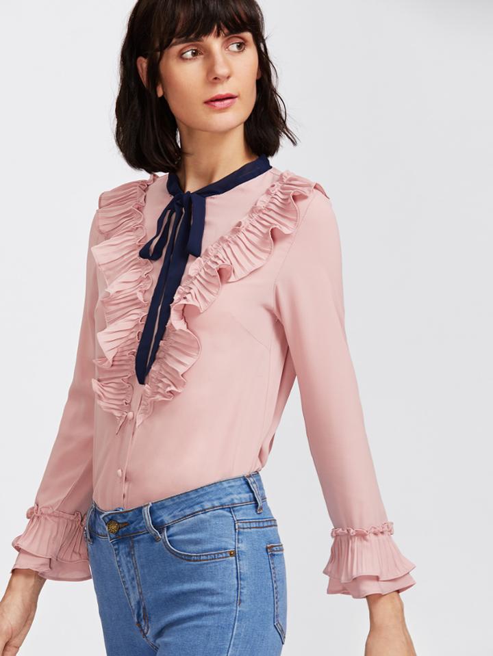 Shein Self Tie Neckline Ruffle Shirt