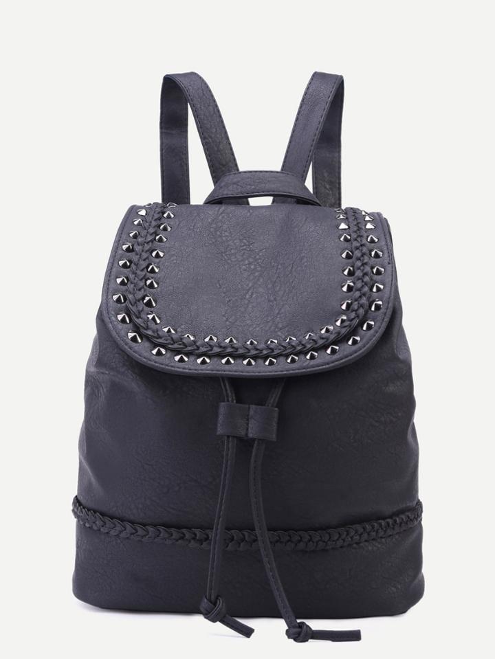 Shein Black Pu Studded Drawstring Flap Backpack