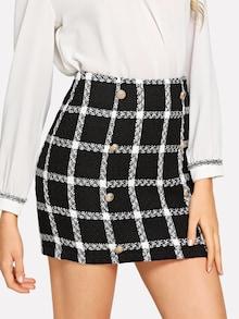 Shein Double Breasted Detail Plaid Tweed Skirt