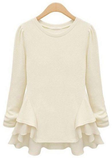 Shein Beige Long Sleeve Contrast Chiffon Ruffles T-shirt