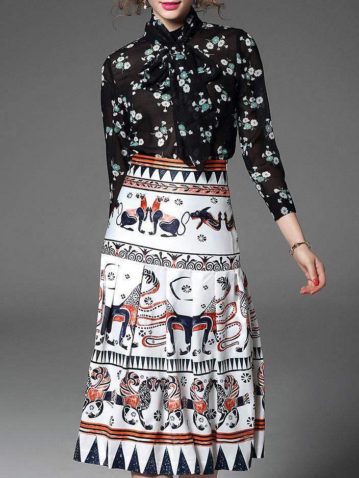 Shein Black Tie Neck Print Top With Skirt