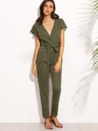 Shein Army Green V Neck Tie Waist Short Sleeve Jumpsuit