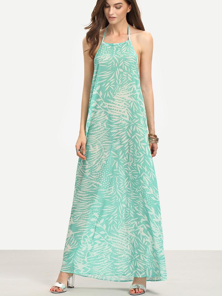 Shein Halter Neck Backless Leaf Print Cami Dress