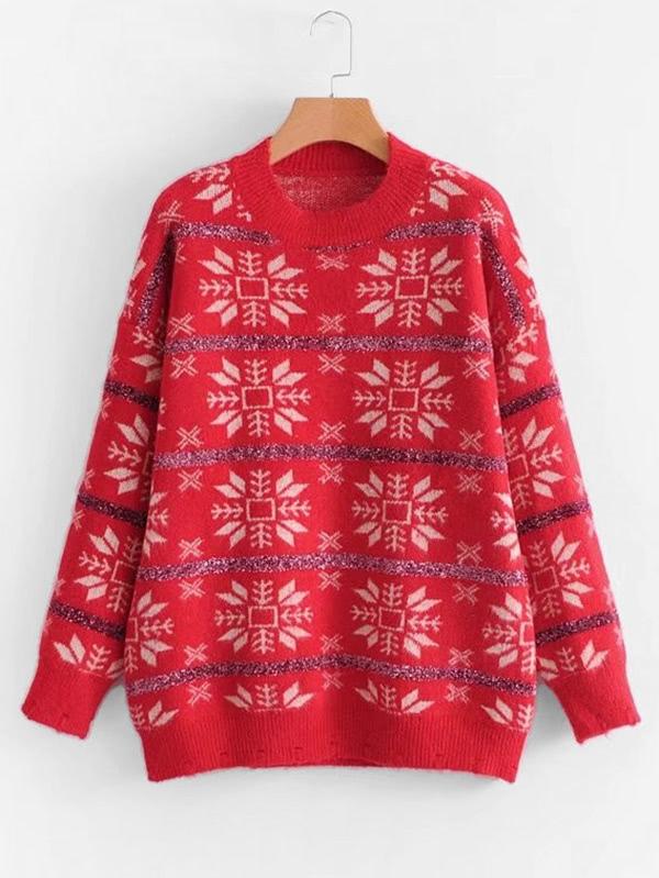Shein Geometric Print Striped Detail Sweater