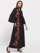 Shein Stand Collar Rose Embroidery Patch Fluted Sleeve Dress