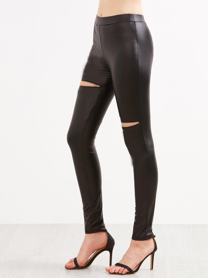 Shein Black Faux Leather Skinny Pants With Zip Detail