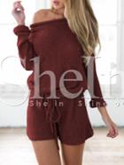 Shein Wine Red Long Sleeve Lace Up Playsuit