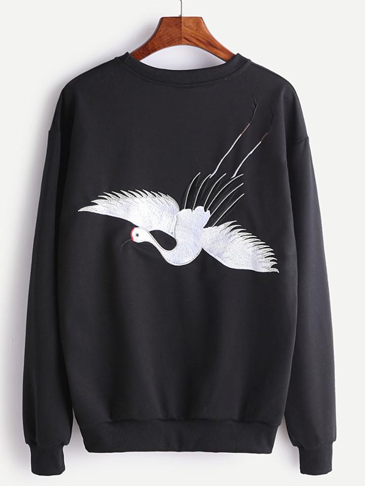 Shein Black Gruidae Embroidered Sweatshirt