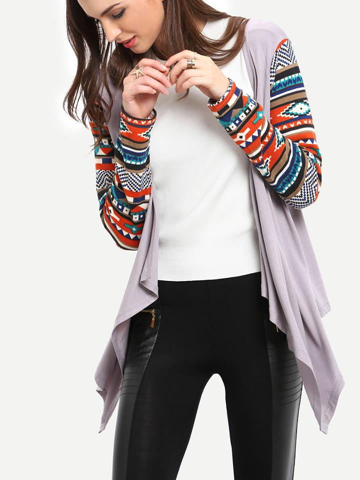Shein Grey Geometric Print Drape Front Knit Coat