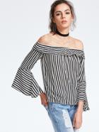 Shein Off The Shoulder Bell Sleeve Ruffle Trim Striped Top