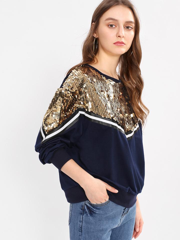 Shein Sequin Detail Striped Sweatshirt