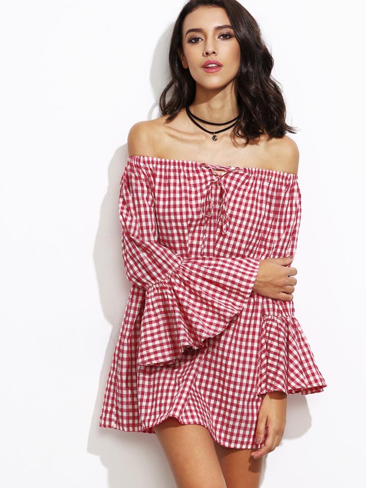 Shein Red Plaid Off The Shoulder Ruffle Cuff Dress