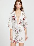 Shein White Floral Print Lace Up Elbow Sleeve Dress
