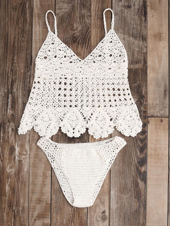 Shein Scalloped Hem Hollow Out Crochet Tankini Set