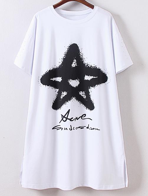 Shein White Short Sleeve Split Side Star Print T-shirt Dress