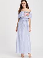 Shein Embroidered Flounce Off Shoulder Belted Striped Dress