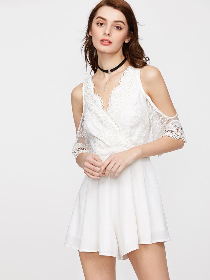 Shein Cold Shoulder V Back Embroidered Mesh Overlay Romper