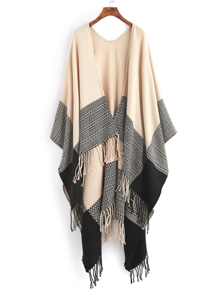 Shein Beige Contrast Edge Long Fringe Shawl Scarf