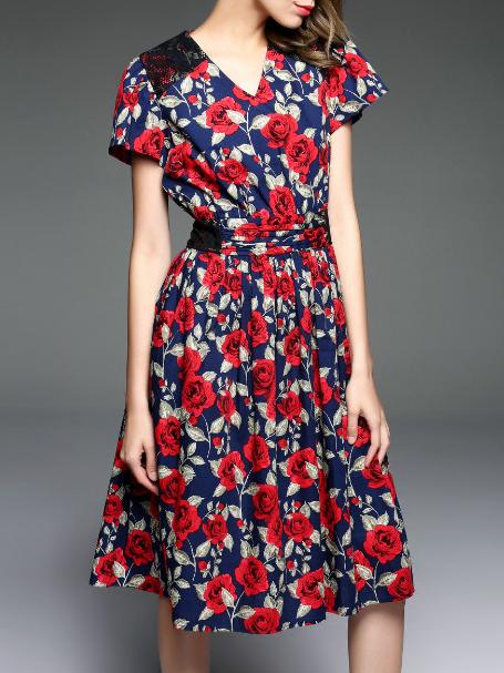Shein Navy V Neck Rose Print A-line Dress