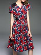 Shein Navy V Neck Rose Print A-line Dress