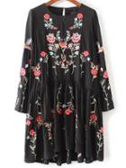 Shein Black Flower Embroidery Keyhole Back Pleated Dress