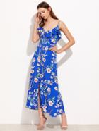 Shein Flounce Trim Button Up Botanical Cami Dress