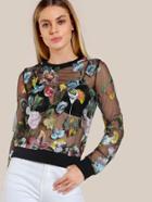 Shein Embroidered Floral Mesh Sweatshirt