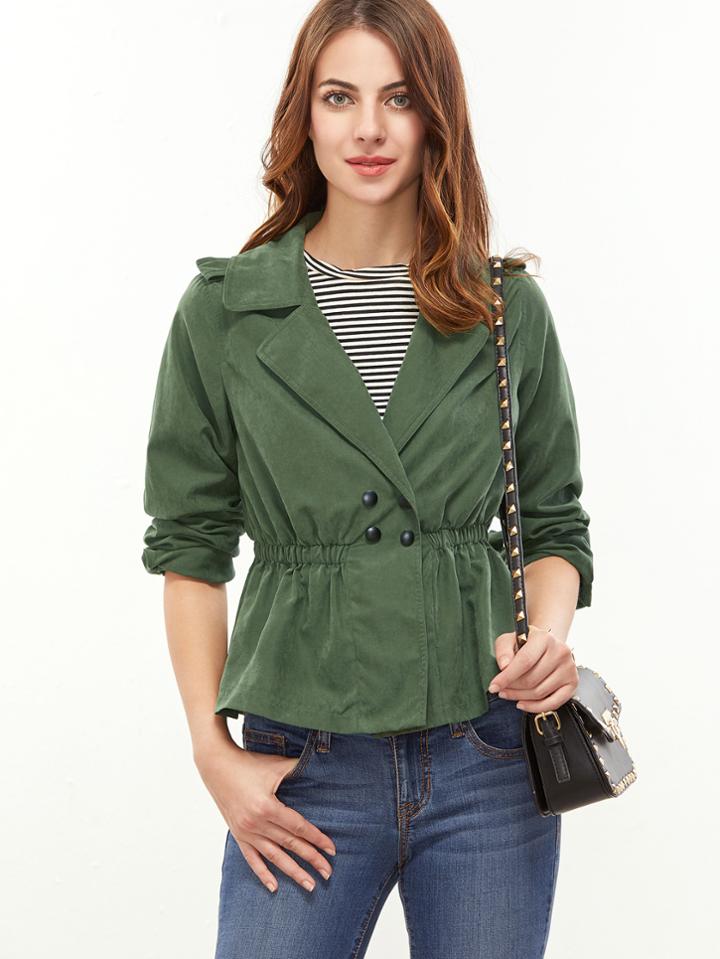 Shein Green Notch Collar Double Breasted Elastic Waist Jacket