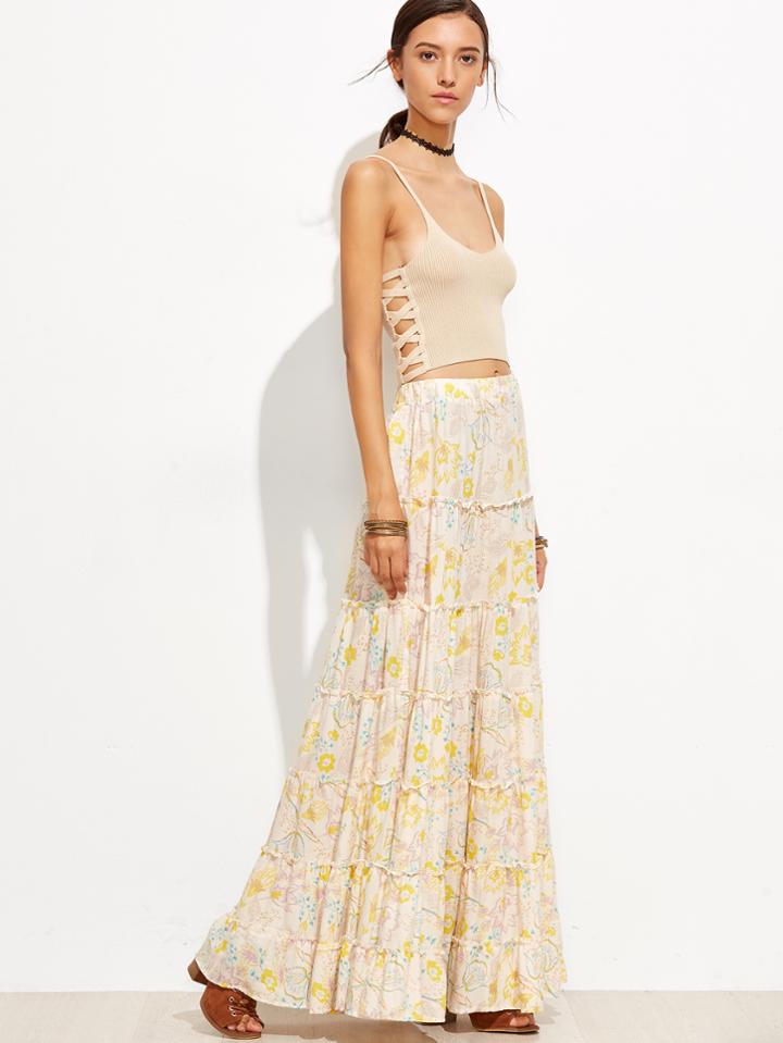 Shein Apricot Floral Boho Maxi Swing Skirt