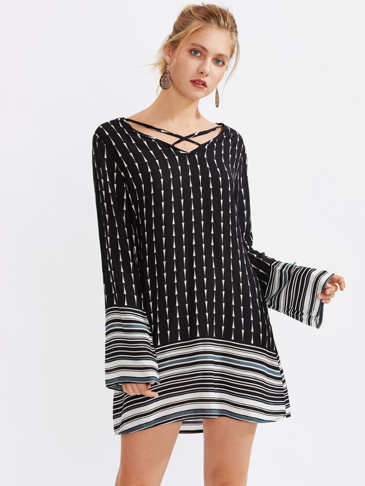Shein Criss Cross Front Random Striped Hem Dress