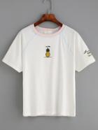 Shein White Rib Neck Pineapple Embroidered Raglan Sleeve T-shirt