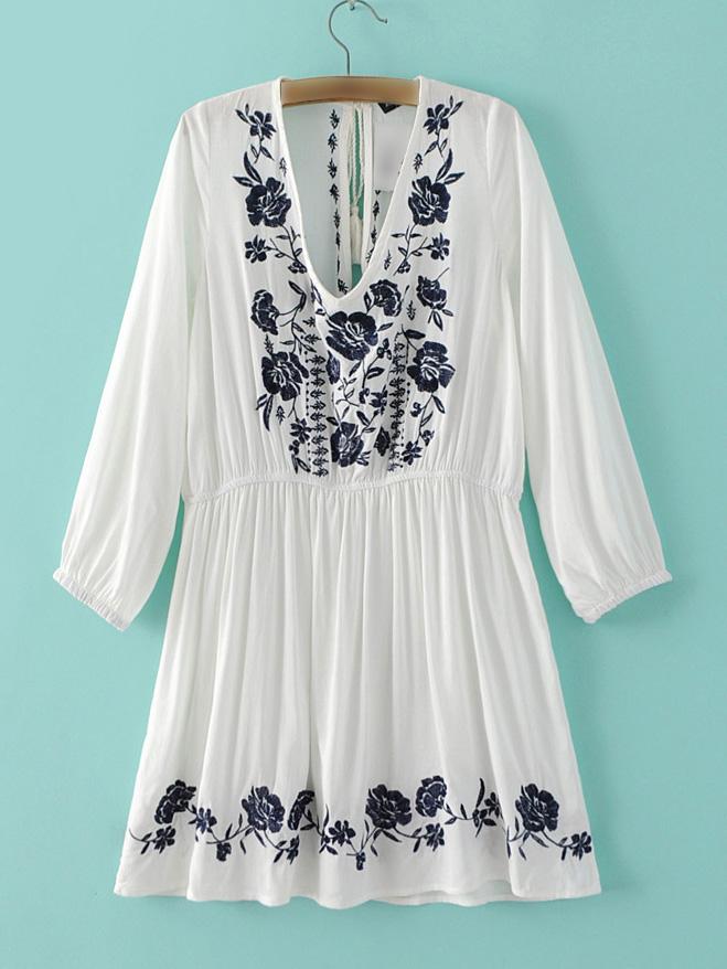Shein White Elastic Cuff Embroidery Tassel Tie Back Dress