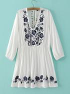 Shein White Elastic Cuff Embroidery Tassel Tie Back Dress
