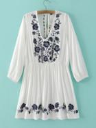 Shein White Elastic Cuff Embroidery Tassel Tie Back Dress