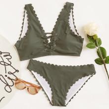 Shein Grommet Crisscross Scalloped Bikini Set
