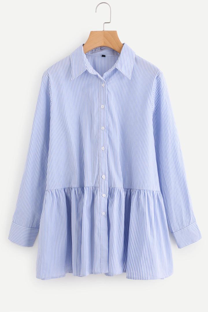 Shein Button Up Tiered Pinstripe Blouse