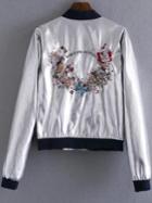 Shein Silver Butterfly Embroidery Contrast Trim Jacket