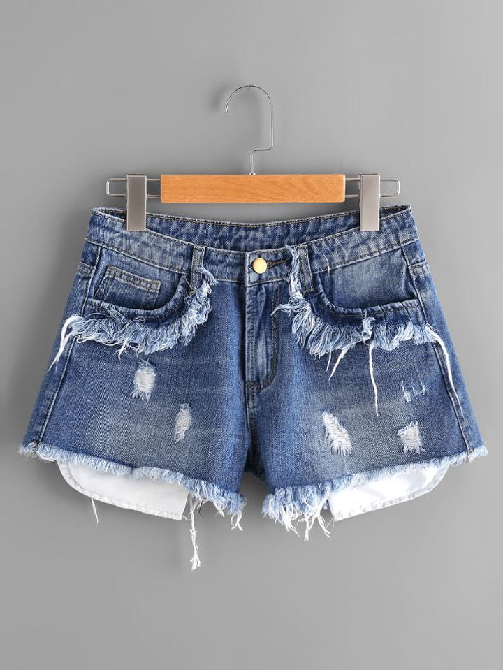 Shein Stick Out Pocket Detail Frayed Denim Shorts